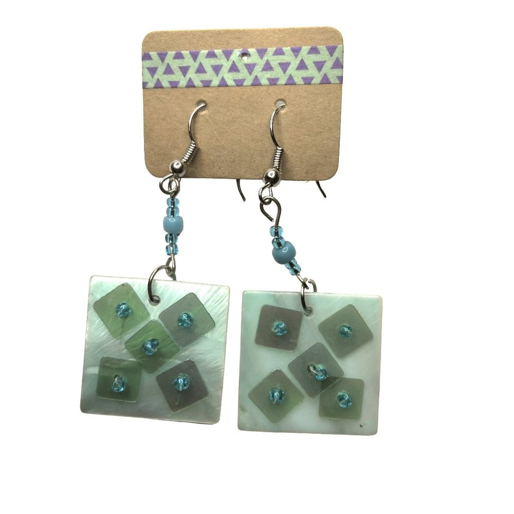 Acylic Earrings Blue Geometric Square Beaded  Hook Drop Dangle Boho Artisan USA